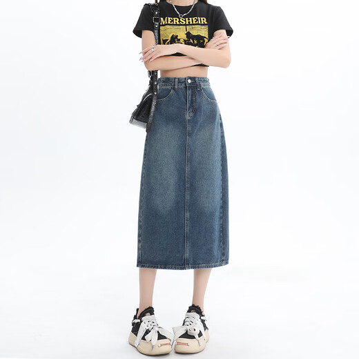 真维斯牛仔半身裙女2025夏季新款高腰显瘦开叉a字中长款复古包臀裙子女 3878怀旧蓝 L