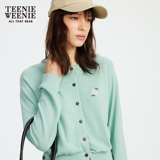 Teenie Weenie Bear Women's Wool Sweater 2025 Autumn New Simple Fashion Light Thin Round Neck Cardigan Mint S