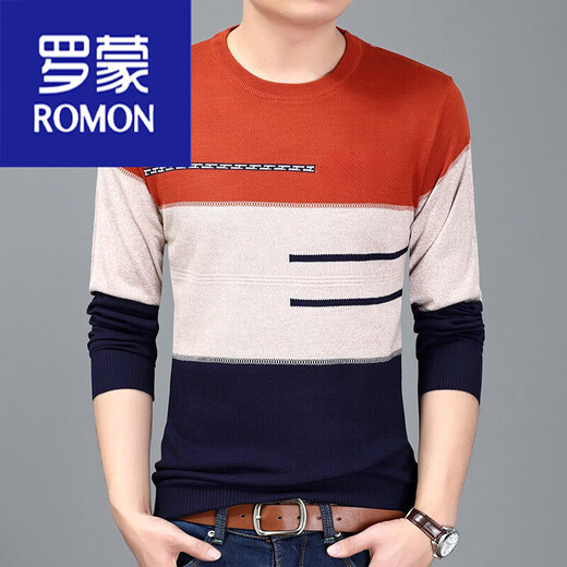 ROMON round neck sweater thin spring and autumn pullover men's sweater base sheep sweater. Sweater thread blue 1807 thin. 175/XL