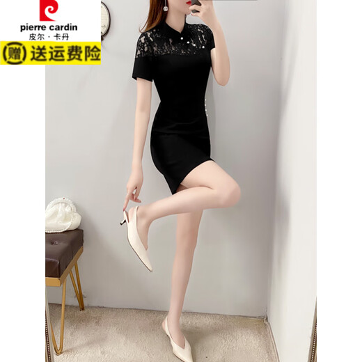 Pierre Cardin plus size summer dress for women slimming belly-covering little black dress for fat mm cheongsam style improved version Chinese style retro slit dress black M recommended 92-103 Jin Jin is equal to 0.5 kg
