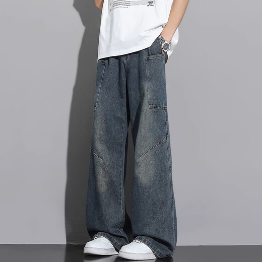 FOG SKY jeans for men in spring, autumn and winter plus velvet American scimitar straight loose workwear casual pants trendy retro pants for men HTNZ-1105 retro blue XL (recommended 130-155Jin Jin equals 0.5kg)