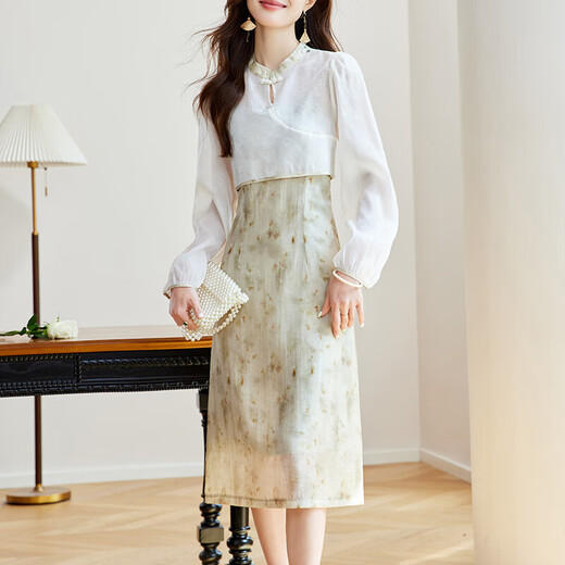 OLJ高档品牌连衣裙女2025年夏季新款新中式显瘦两件套气质时尚裙子 灰绿套装 L