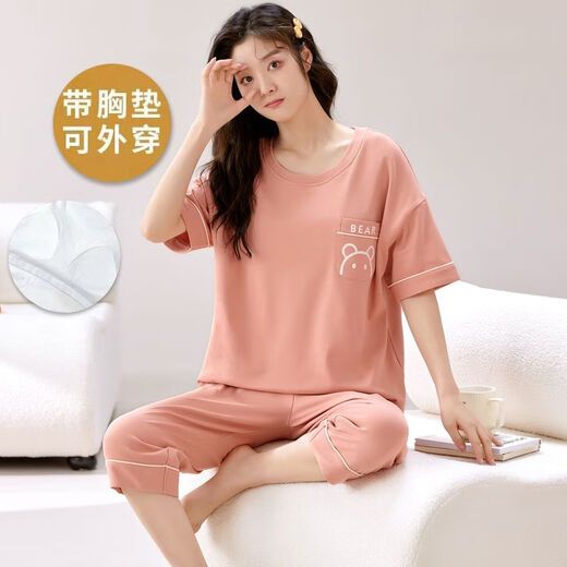 Pajama de almohadilla para la almohadilla de fibra de limón para mujeres, algodón de algodón de verano pantalones cortados de manga corta, se pueden usar para ropa exterior, ropa para el hogar para mujeres de verano de algodón, almohadilla de cofre de siete puntos: 679 Barbie Bear M Women