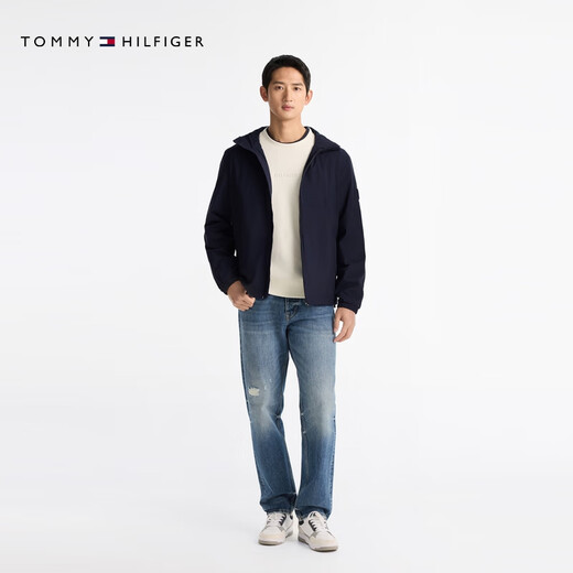 TOMMY HILFIGER25 new spring and summer men's windproof and waterproof trendy casual sports outdoor hooded soft shell jacket navy blue DW5 M (recommended 135-150Jin Jin equals 0.5 kg)