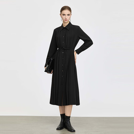 S.DEER Women's 25th New Hepburn Style Lapel Pleated Waist Shirt Dress S25361202 Black/91 S