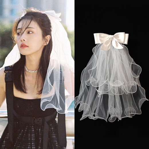 
Shantou Lincun veil and get a pearl bride Korean style pearl wedding dress wedding short face covering small veil white wedding shot Title page pearl veil