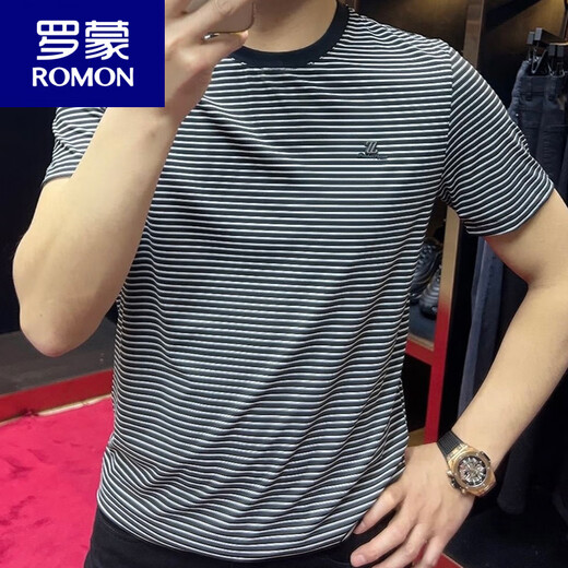 ROMON 2025 summer new product round neck striped short-sleeved men's T-shirt casual half-sleeved slim bottoming shirt sports t-shirt trend 9901 black M recommended 90-115Jin Jin equals 0.5 kg