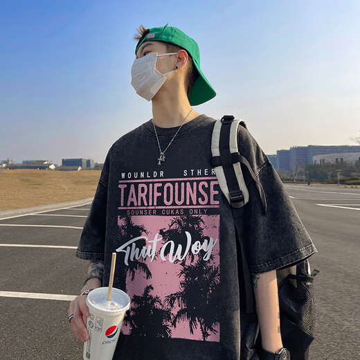 Camiseta de manga corta para hombres para hombres en verano 280 gramos pesado lavado para hombres HIP-HOP HIP-HOP de gran tamaño Camiseta de media manga de la mano T733 Lavado negro M
