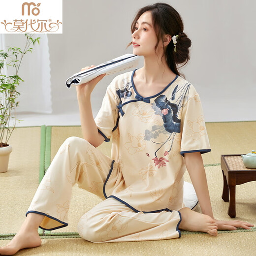 Madallo women's short-sleeved pajamas set for summer thin trousers in summer new Chinese style cotton home clothes can be worn outside LZY9905 M (recommended 75-95Jin [Jin equals 0.5 kg])