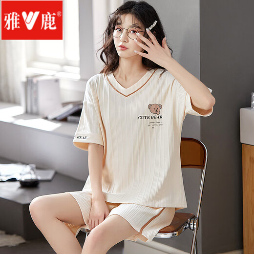雅鹿睡衣女夏季韩版可爱薄款短袖裤学生两件套装春秋天大码宽松家居服 杏色 GXT6630图色 M (建议75-95斤)