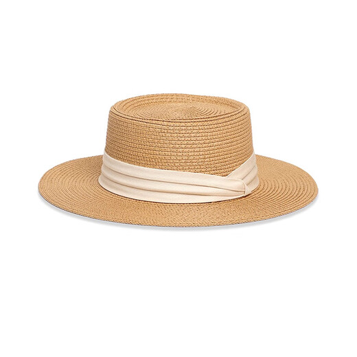 Französischer Strohhut flacher Hut Frauen Top Hut Sonnenhut Strand Urlaub Stricker Sonnenschutz Hut Khaki Schwarzer Gürtel [elegant und vielseitig]