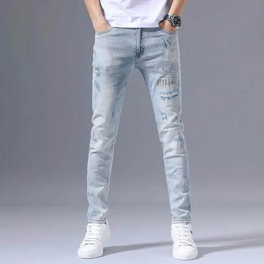 Jeans étirés haut de gamme de Zhidoudou pour la marque à tendance à la mode à la mode à la mode à tendance des pieds minces minces minces minces de pantalon bleu clair 3890 couronne, taille moyenne 34 [suggéré 155-165jin [Jin est égal à 0,5 kg]]]