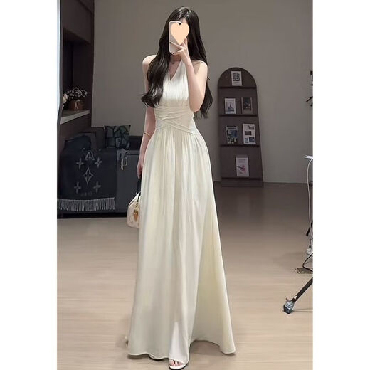 French style white sleeveless halterneck v-neck dress in shimmer for women 2025 new summer style, beautiful waist slimming long skirt, halterneck waist dress, off-white S