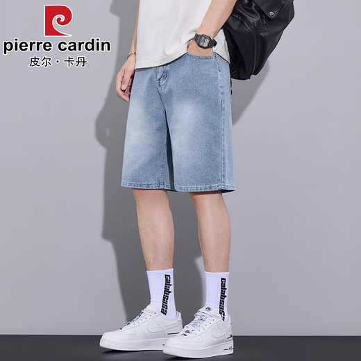 皮尔卡丹（pierre cardin）牛仔短裤男士夏季薄款弹力宽松潮牌中裤2025新款休闲男装五分裤子 1315浅蓝色 28