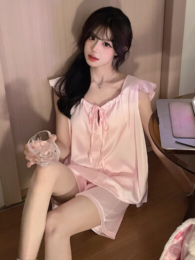 莫代尔冰丝睡衣女款夏季2025新款小飞袖带胸垫高级感女士大码短袖家居服 JDX_9227#背心套蓝色(带固定胸3 M