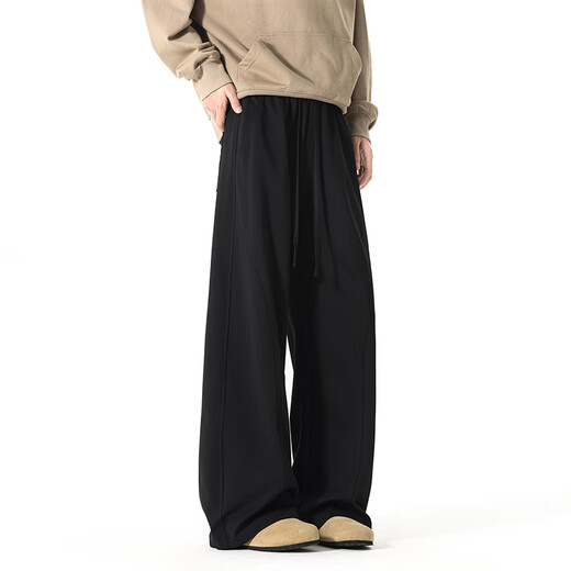 Homlean American solid color sports casual pants for autumn men's simple fashion loose straight wide leg long pants JX15 black XL