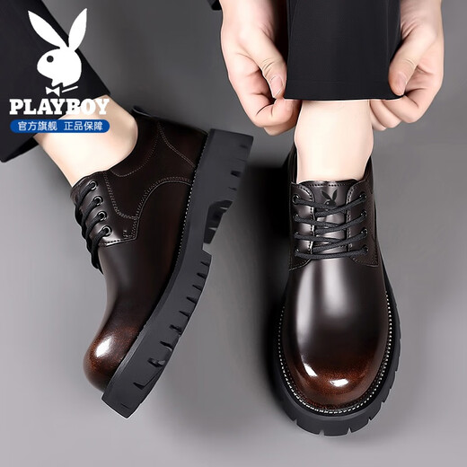 花花公子皮鞋男鞋牛皮2025秋冬季新款商务休闲正装英伦增高德比皮鞋子男 棕色【臻品典藏】 44
