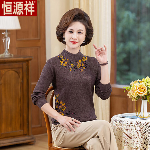 恒源祥秋冬妈妈羊毛衫女针织宽松大码妈妈装印花羊毛绒衫中老年毛衣女 玫瑰 卡其-旗舰款 3XL 建议125-140斤