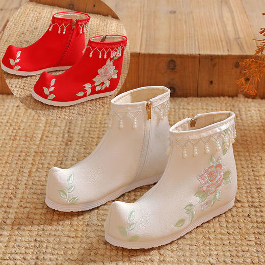 Gesufan 9859 people collect Hanfu women's soap boots ancient costume boots for women's inner height enhancement cos erect shoes ancient style high-tube embroidered boots short tube white 868 plus velvet 38