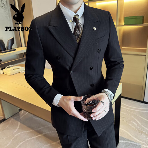 Playboy (PLAYBOY) double-breasted striped suit men's suit spring and autumn new fashion high-end business casual slim suit three-piece suit navy suit + trousers + vest XL (125-140Jin Jin equals 0.5 kg)