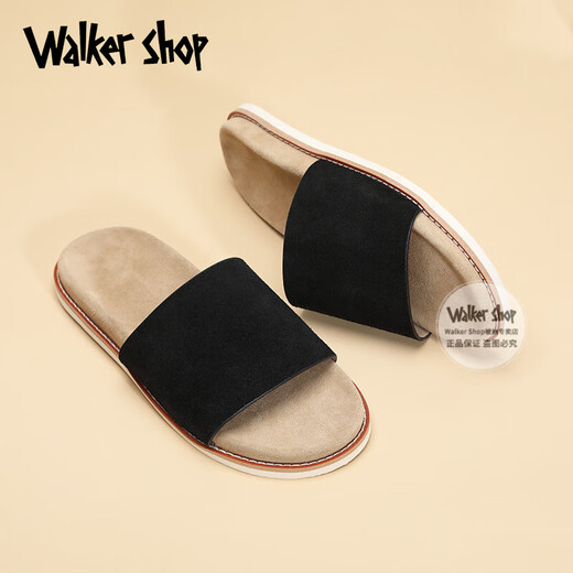 Walker Shop男士拖鞋牛皮夏季外穿时尚休闲凉拖鞋青年个性一字拖透气沙滩鞋子 黑色 38