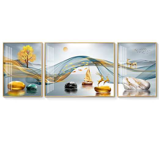 现代简约客厅装饰画沙发背景墙壁画大气轻奢三联画挂画镶钻晶瓷 HJ-3893-一帆风顺 两边70*90中间140*90华贵金框镶