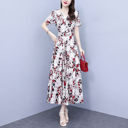 DRYWORLD2025 new summer chiffon floral dress with large size fat mm waist slimming and long skirt covering belly color [Apricot bottom red flower 9737 fashionable and versatile] 4XL