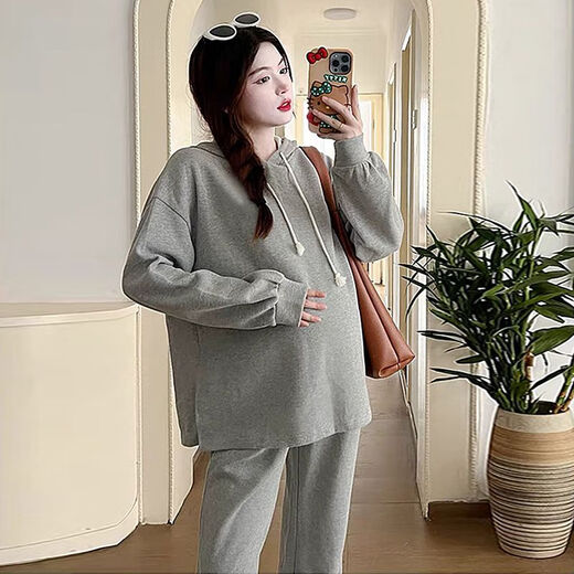 Autumn suit for pregnant women, Korean style loose long-sleeved hooded sweatshirt, fashionable and foreign-style outer wear tummy-supporting pants, hot mom complete set, gray suit XL 120-140Jin Jin equals 0.5 kg