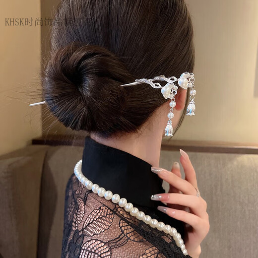 KHSK new Chinese style lily of the valley hairpin for women simple modern artificial pearl tassel hairpin updo Hanfu hair accessories iris flower
