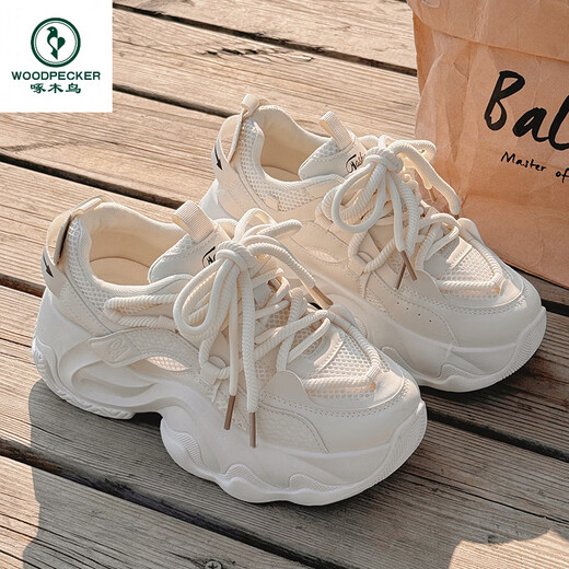 Woodpecker Daddy Shoes for Women in Spring and Summer 2025 New Breathable Mesh with Wide Legs Shoes Thick Sole Small White Shoes Sports Shoes 9905-3 Beige 35
