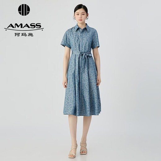 阿玛施（AMASS）女装2025夏季新款时尚青花瓷短袖连衣裙（附腰带）550052 青花瓷 M (3)