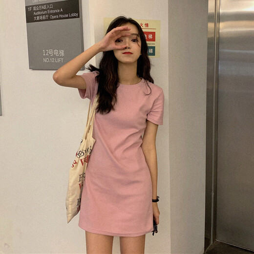 AFTER MONDAY2025 summer Korean style slim solid color short-sleeved T-shirt women's mid-length dress women's clothing 6624* black L