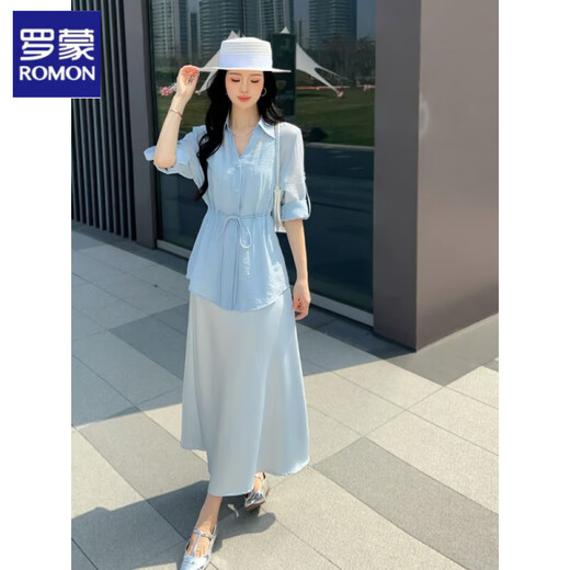 罗蒙绸缎连衣裙两件套女欧洲站2025春夏新款遮肚显瘦天丝收腰衬衫吊带 冰川蓝 套装 L 建议110-140斤