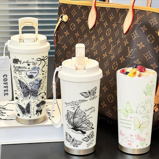 Tuojin Deutschland importierten Qualitätsbutterfly Thermos Cup neue hochwertige tragbare Strohwagen-Kaffee Antique White-BXAB6198 Schmetterling Keramik Innendeckel