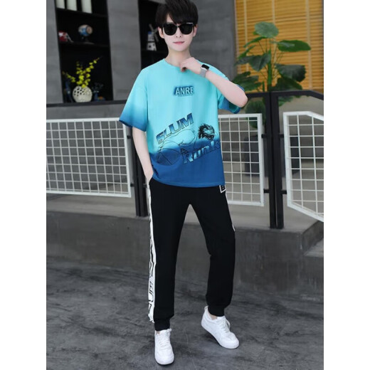 巴拉巴拉夏季青少年短袖t恤男孩衣服高中初中学生大童夏装帅气运动套装潮 白蓝色 套装TZ9226款 165 165 S【60-75斤】