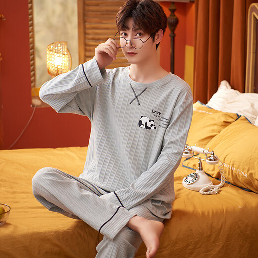 Pang Donglai DL Frühlings- und Herbst-Pyjamas für Männer reine Baumwoll-Langarmhose koreanische losen lässige Anzüge können außen für Sommer, Herbst und Winter Home Clothes Black Blue_zy9901 L (empfohlene 100-130jin [Jin gleich 0,5 kg]) getragen werden (Jin gleich 0,5 kg])