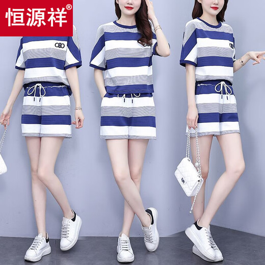 恒源祥休闲条纹套装女时尚减龄2025夏季新款显瘦显瘦百搭短袖短裤两件套 蓝色套装(上衣+裤子) M 建议100斤以内