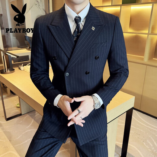 Playboy (PLAYBOY) double-breasted striped suit men's suit spring and autumn new fashion high-end business casual slim suit three-piece suit navy suit + trousers + vest XL (125-140Jin Jin equals 0.5 kg)