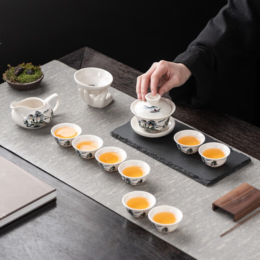 Sancai Gaiwan Kungfu Tea Set Blue and White Ceramic Home Tea Maker Complete Set Office Simple Tea Cup 10 Jade Porcelain-Blue and White Peony-Gaiwan Six Cups