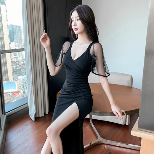 性感连衣裙KTV晚礼服佳丽长裙夜场上班衣服足浴按摩SPA技师工作服 3882黑色 M建议95-105斤