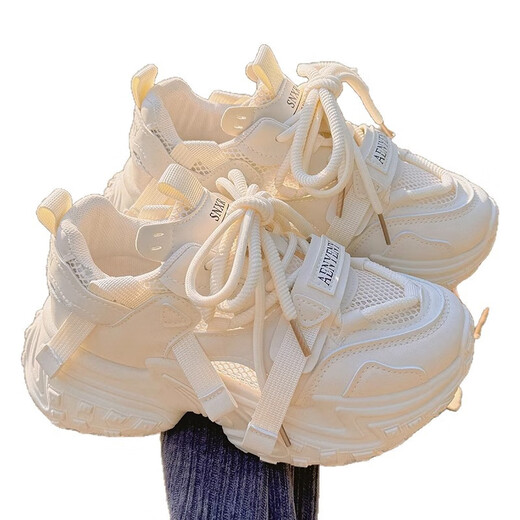 Summer Breathable Dad Zapatos para zapatos blancos de suela gruesa para mujeres Sports Sports Lendy Shoes 9905-1 Beige Leather Surface 35