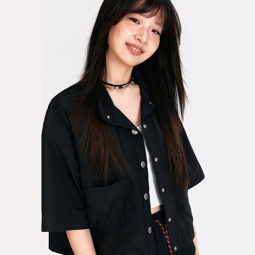 NO ONE ELSE字母翻领外套女士2025夏季新款印花口袋短袖机能夹克 黑色 均码