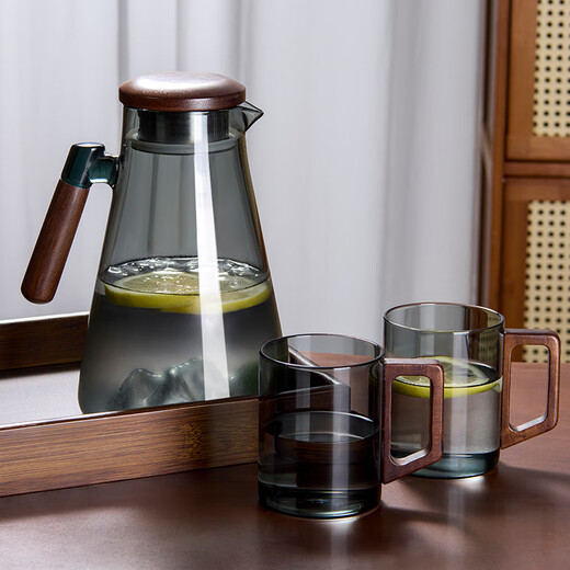 Fu Jian cold kettle, cold kettle glass, high temperature resistance, household large-capacity cold boiled water cup, fruit camellia teapot, refrigerator kettle, kettle set, one pot with six cups + cup holder + tea tray, Guanshan cold kettle