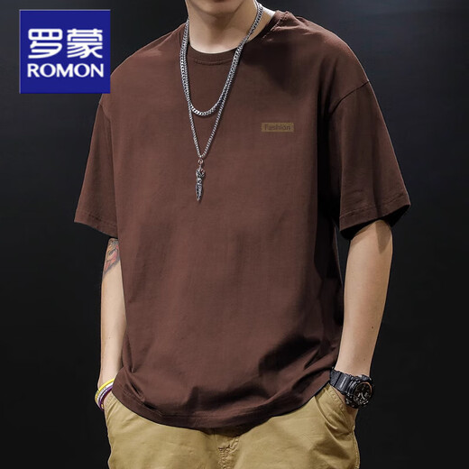 罗蒙（ROMON）重磅新疆棉纯棉夏季美式圆领短袖t恤男款日常宽松休闲潮牌短袖男T 绿色-1365短袖-100%纯棉 S 【建议90-115斤】