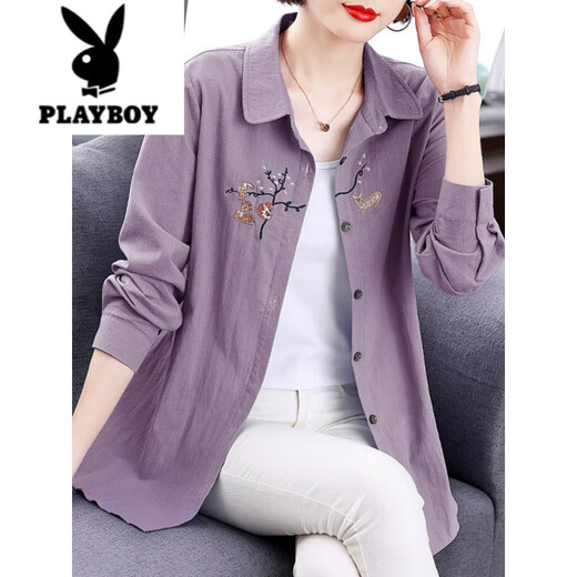 Playboy (PLAYBOY) pure cotton long-sleeved shirt women's tops 2025 spring and autumn new style middle-aged mother ladies large size versatile shirt jacket purple M recommended 85-105 Jin Jin equals 0.5 kg