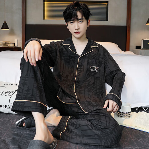 桑蒲睡衣男士春秋季大码宽松休闲长袖套装开衫可外穿夏冬款家居服 OMM12004 XL （建议130-150斤）