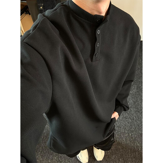 Du Xiaoxian cleanfit Henry collar long-sleeved T-shirt for men in spring and autumn trendy brand handsome high-end top American heavy sweater black XL recommended 120-140Jin Jin is equal to 0.5 kg