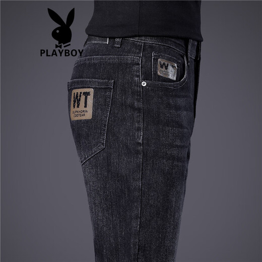 
Playboy (PLAYBOY) Hong Kong high-end black and gray jeans men's slim feet trendy brand 2025 summer new elastic casual pants men 1048 black 28