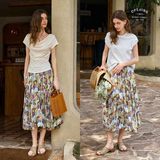 Olrain Ou Ruier printed pleated French holiday skirt women's summer 2025 new oil painting style A-line skirt pattern XL