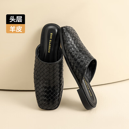 ZHR top layer sheepskin slippers for women in summer retro muller style semi-drag women's outer wear commuter women's shoes S677 noble black 37
